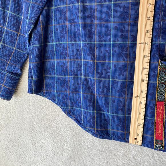 Robert Graham Windowpane Plaid Flip Cuffs Shirt Men XLT Blue Floral Button Up - Picture 9 of 11